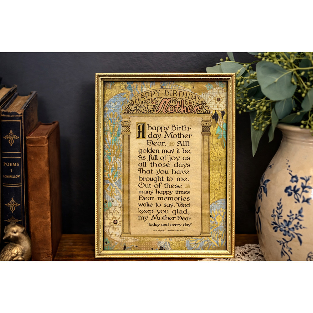 Antique 1926 Buzza Motto Print "Happy Birthday Mother" Framed Art Deco Poem